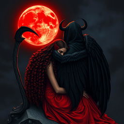 The Grim Reaper, with his back facing the viewer, gazes at a striking blood moon illuminating the night sky, casting an eerie yet beautiful glow