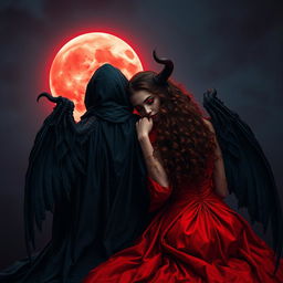 The Grim Reaper, with his back facing the viewer, gazes at a striking blood moon illuminating the night sky, casting an eerie yet beautiful glow