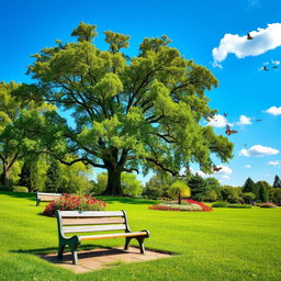 A serene and beautifully landscaped park on a bright sunny day, featuring lush green grass, colorful blooming flowers, and tall, majestic trees