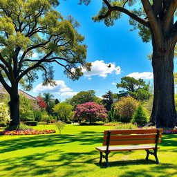 A serene and beautifully landscaped park on a bright sunny day, featuring lush green grass, colorful blooming flowers, and tall, majestic trees