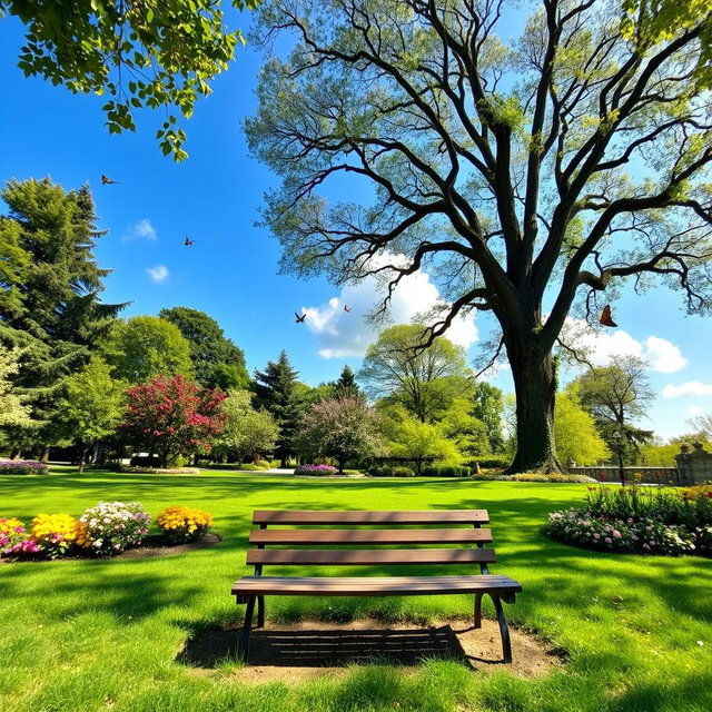 A serene and beautifully landscaped park on a bright sunny day, featuring lush green grass, colorful blooming flowers, and tall, majestic trees