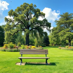 A serene and beautifully landscaped park on a bright sunny day, featuring lush green grass, colorful blooming flowers, and tall, majestic trees