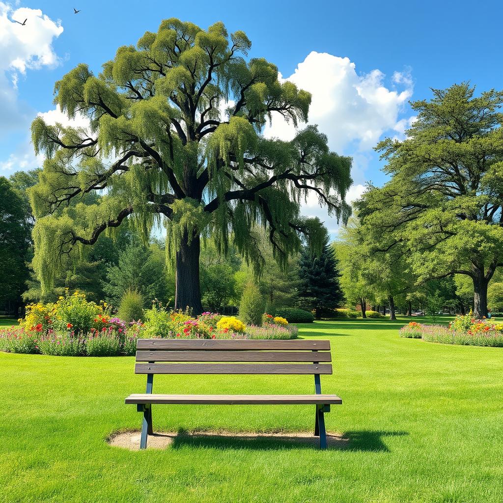 A serene and beautifully landscaped park on a bright sunny day, featuring lush green grass, colorful blooming flowers, and tall, majestic trees