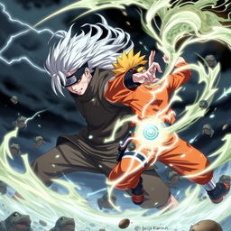 An epic scene depicting Gojo Satoru from Jujutsu Kaisen, showcasing his signature white hair and blindfold, engaged in a fierce battle with Naruto Uzumaki, who is in his iconic orange jumpsuit, surrounded by a whirlwind of energy and chakra