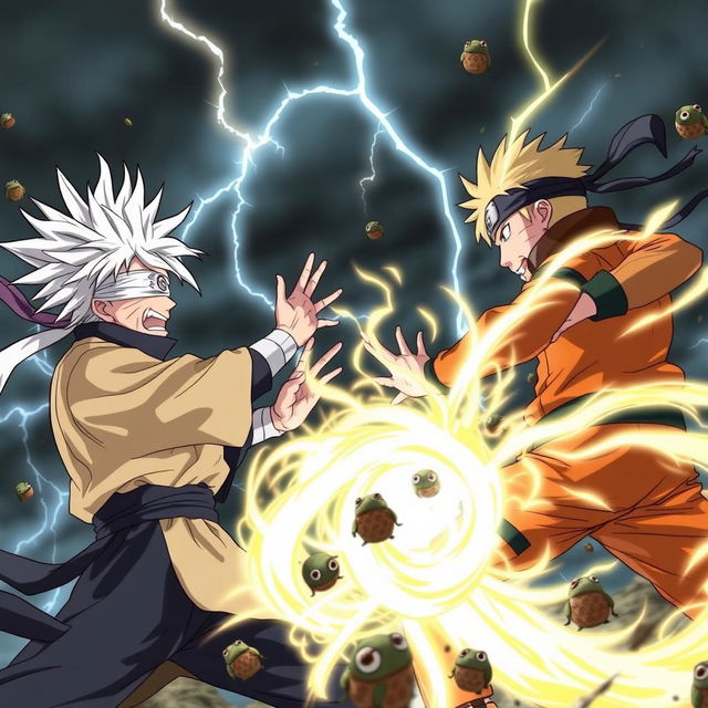 An epic scene depicting Gojo Satoru from Jujutsu Kaisen, showcasing his signature white hair and blindfold, engaged in a fierce battle with Naruto Uzumaki, who is in his iconic orange jumpsuit, surrounded by a whirlwind of energy and chakra