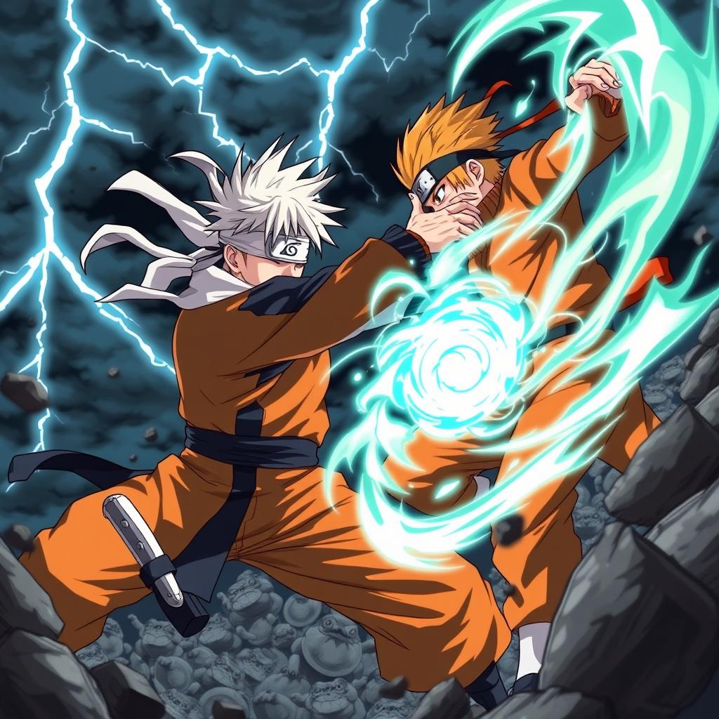 An epic scene depicting Gojo Satoru from Jujutsu Kaisen, showcasing his signature white hair and blindfold, engaged in a fierce battle with Naruto Uzumaki, who is in his iconic orange jumpsuit, surrounded by a whirlwind of energy and chakra