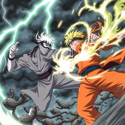 An epic scene depicting Gojo Satoru from Jujutsu Kaisen, showcasing his signature white hair and blindfold, engaged in a fierce battle with Naruto Uzumaki, who is in his iconic orange jumpsuit, surrounded by a whirlwind of energy and chakra