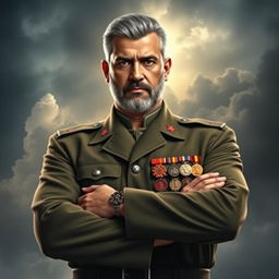 A powerful portrait of a heroic figure, inspired by Hajj Qasem Soleimani, dressed in a military uniform adorned with medals, standing confidently with arms crossed