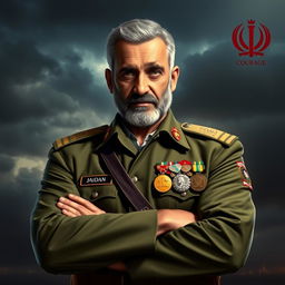 A powerful portrait of a heroic figure, inspired by Hajj Qasem Soleimani, dressed in a military uniform adorned with medals, standing confidently with arms crossed