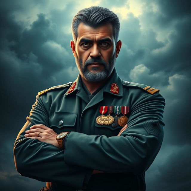 A powerful portrait of a heroic figure, inspired by Hajj Qasem Soleimani, dressed in a military uniform adorned with medals, standing confidently with arms crossed