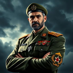 A powerful portrait of a heroic figure, inspired by Hajj Qasem Soleimani, dressed in a military uniform adorned with medals, standing confidently with arms crossed
