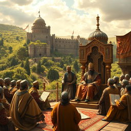 A historical depiction of feudalism wrapped in the context of Islamic doctrine, showcasing a grand medieval landscape with a stronghold castle in the background and lush greenery