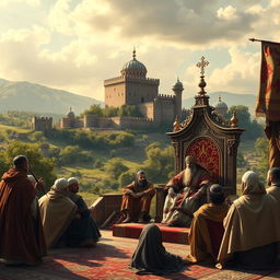 A historical depiction of feudalism wrapped in the context of Islamic doctrine, showcasing a grand medieval landscape with a stronghold castle in the background and lush greenery