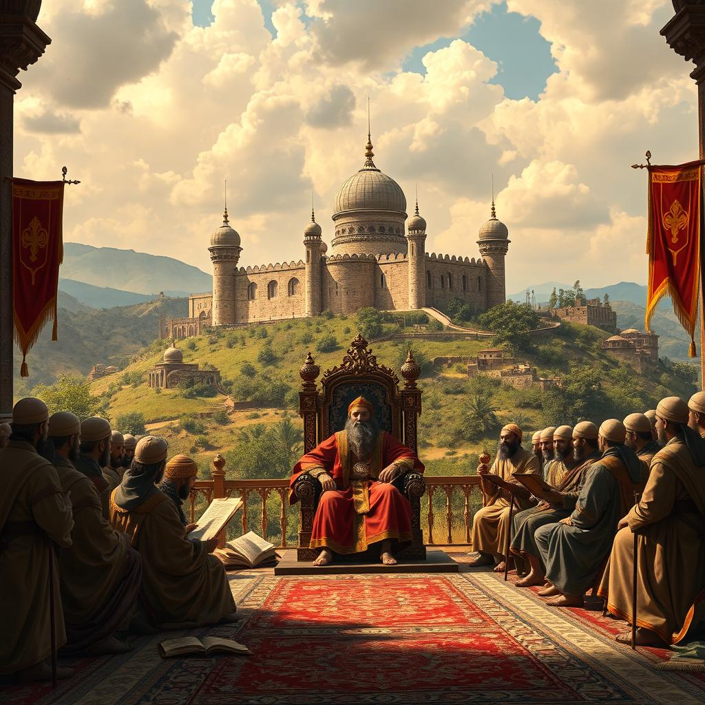 A historical depiction of feudalism wrapped in the context of Islamic doctrine, showcasing a grand medieval landscape with a stronghold castle in the background and lush greenery