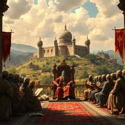 A historical depiction of feudalism wrapped in the context of Islamic doctrine, showcasing a grand medieval landscape with a stronghold castle in the background and lush greenery