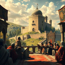 A historical depiction of feudalism wrapped in the context of Islamic doctrine, showcasing a grand medieval landscape with a stronghold castle in the background and lush greenery