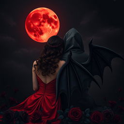 The Grim Reaper, with his back turned to the viewer, gazes at a captivating blood moon radiating its eerie light across the dark sky