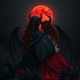 The Grim Reaper, with his back turned to the viewer, gazes at a captivating blood moon radiating its eerie light across the dark sky