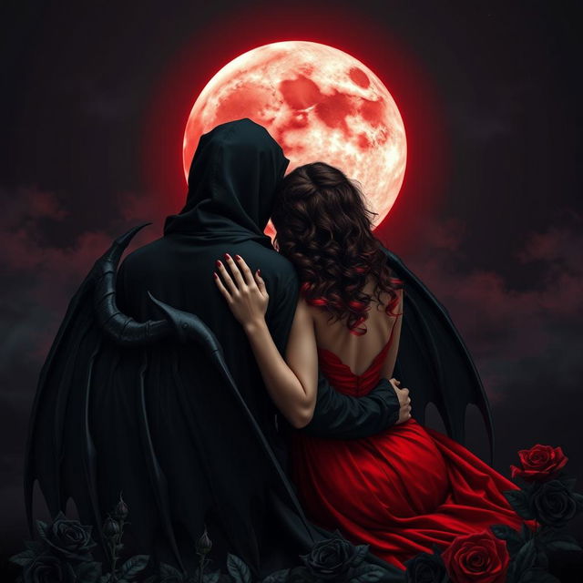 The Grim Reaper, with his back turned to the viewer, gazes at a captivating blood moon radiating its eerie light across the dark sky