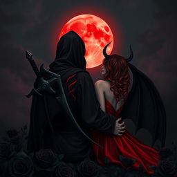 The Grim Reaper, with his back turned to the viewer, gazes at a captivating blood moon radiating its eerie light across the dark sky