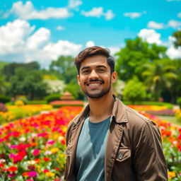 A portrait of a handsome man standing in the center of a vibrant, lush park filled with colorful flowers and greenery