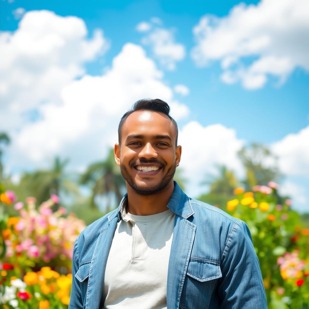 A portrait of a handsome man standing in the center of a vibrant, lush park filled with colorful flowers and greenery