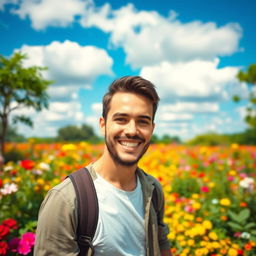 A portrait of a handsome man standing in the center of a vibrant, lush park filled with colorful flowers and greenery