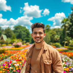 A portrait of a handsome man standing in the center of a vibrant, lush park filled with colorful flowers and greenery