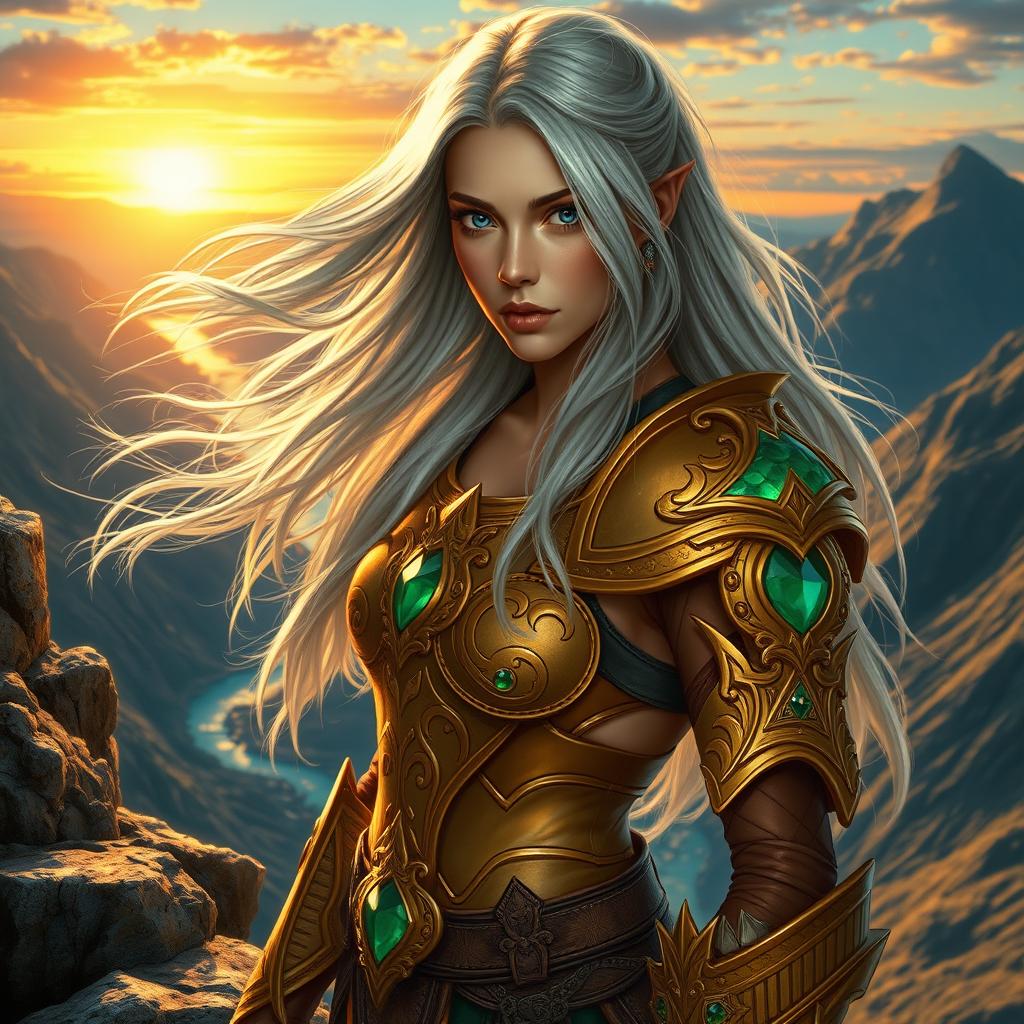 A captivating portrait of a fantasy warrior woman standing on a rocky cliff