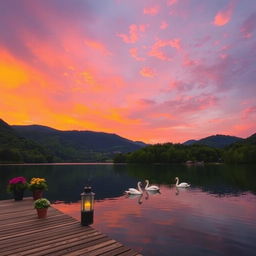 A serene landscape showcasing a picturesque sunset over a calm lake, surrounded by lush green hills and dense forests