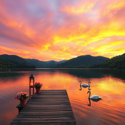 A serene landscape showcasing a picturesque sunset over a calm lake, surrounded by lush green hills and dense forests