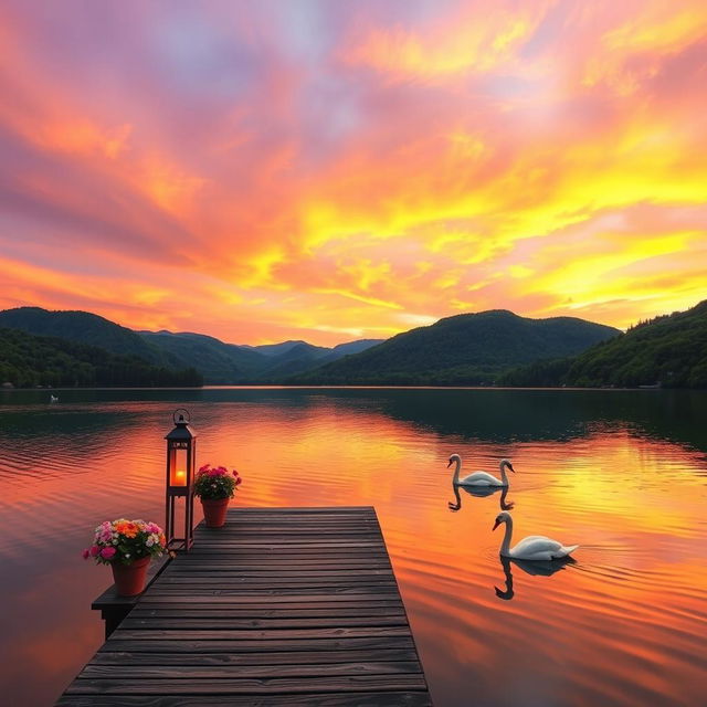 A serene landscape showcasing a picturesque sunset over a calm lake, surrounded by lush green hills and dense forests