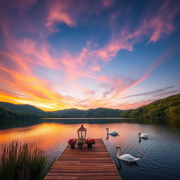 A serene landscape showcasing a picturesque sunset over a calm lake, surrounded by lush green hills and dense forests