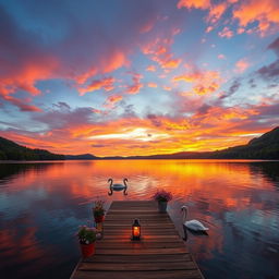 A serene landscape showcasing a picturesque sunset over a calm lake, surrounded by lush green hills and dense forests