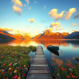 A serene, picturesque landscape featuring a calm lake surrounded by majestic mountains at sunset, with vivid colors reflecting in the water
