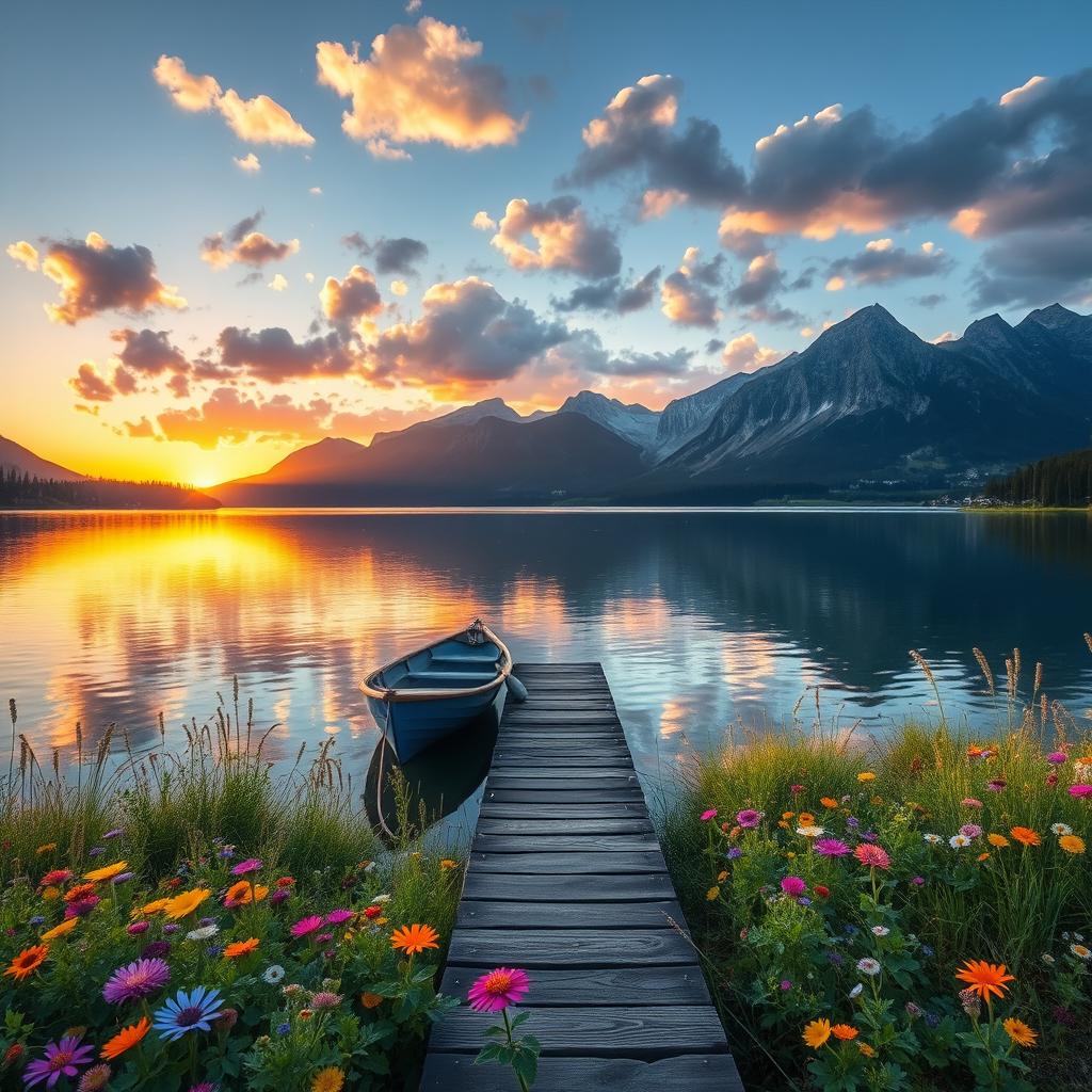 A serene, picturesque landscape featuring a calm lake surrounded by majestic mountains at sunset, with vivid colors reflecting in the water