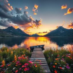 A serene, picturesque landscape featuring a calm lake surrounded by majestic mountains at sunset, with vivid colors reflecting in the water
