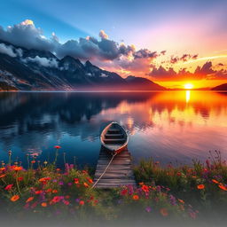 A serene, picturesque landscape featuring a calm lake surrounded by majestic mountains at sunset, with vivid colors reflecting in the water