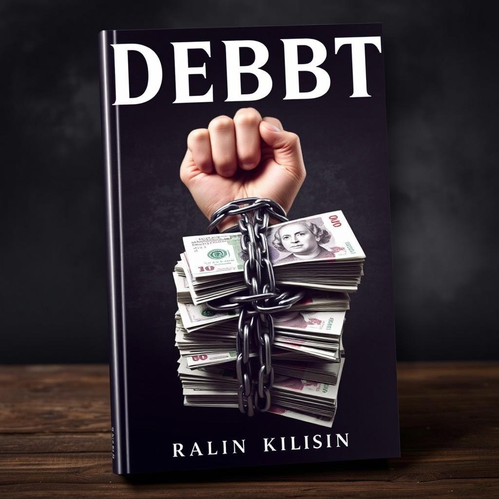 A striking book cover featuring a person's hand being restrained by heavy chains, which are tightening around stacks of English banknotes, symbolizing how debt and financial struggles imprison the individual
