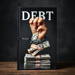 A striking book cover featuring a person's hand being restrained by heavy chains, which are tightening around stacks of English banknotes, symbolizing how debt and financial struggles imprison the individual