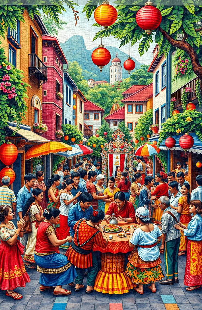 A vibrant and colorful mosaic illustrating the concept of life and tolerance in a multicultural setting