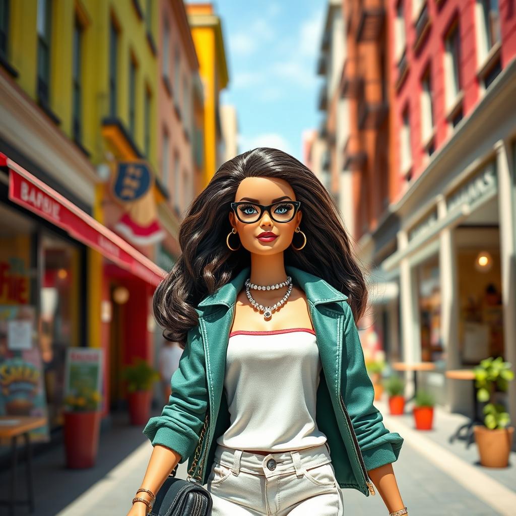 A life-like depiction of a fashionable Barbie doll in a vibrant urban setting, showcasing her in trendy clothing, styled hair, and glamorous makeup