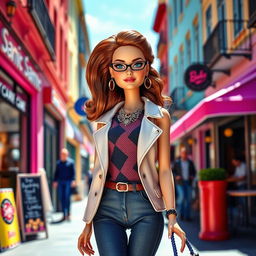 A life-like depiction of a fashionable Barbie doll in a vibrant urban setting, showcasing her in trendy clothing, styled hair, and glamorous makeup