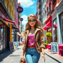 A life-like depiction of a fashionable Barbie doll in a vibrant urban setting, showcasing her in trendy clothing, styled hair, and glamorous makeup