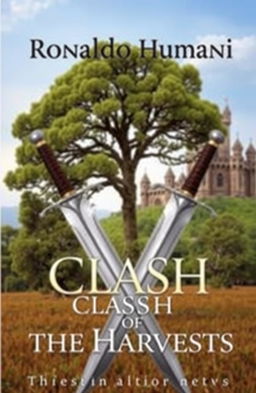 A captivating book cover featuring two swords crossed in an 'X' shape in the foreground, symbolizing conflict and unity