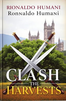 A captivating book cover featuring two swords crossed in an 'X' shape in the foreground, symbolizing conflict and unity