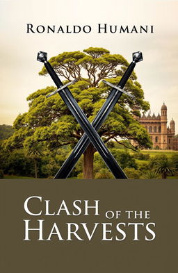 A captivating book cover featuring two swords crossed in an 'X' shape in the foreground, symbolizing conflict and unity