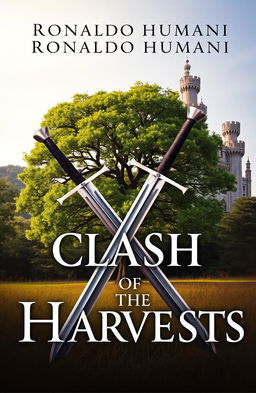 A captivating book cover featuring two swords crossed in an 'X' shape in the foreground, symbolizing conflict and unity