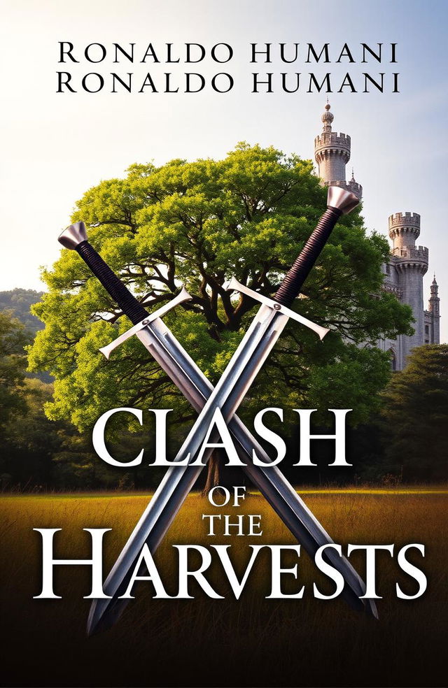 A captivating book cover featuring two swords crossed in an 'X' shape in the foreground, symbolizing conflict and unity