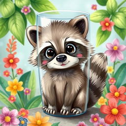 A cute raccoon illustration designed for a glass, showcasing the raccoon in a playful pose with big expressive eyes, fluffy tail, and small paws